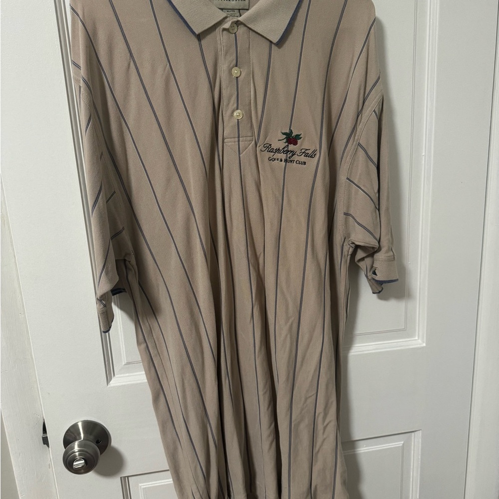 Tan Polo Shirt with Blue Stripes